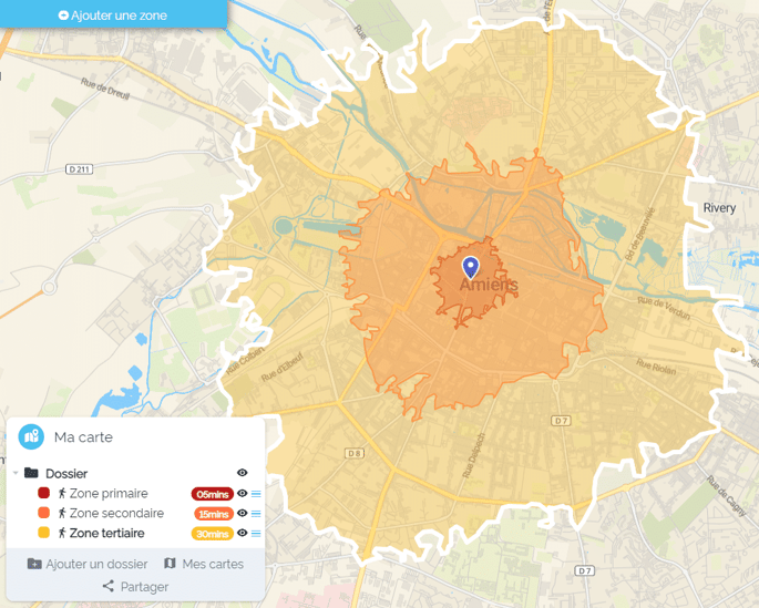 Exemple de zone de chalandise à Amiens, Smappen, Tracez votre zone de chalandise - smappen [Illustration]. https://www.smappen.fr/zone-de-chalandise/